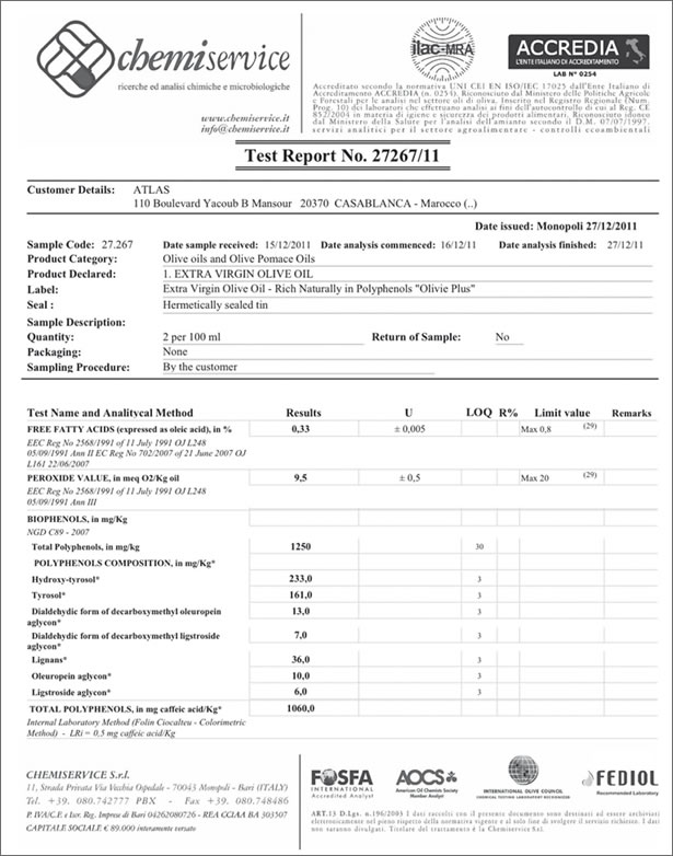 Analisi di laboratorio dell'olio d'oliva naturalmente ricco di polifenoli OLIVIE Plus 30x