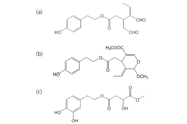I composti fenolici recentemente identificati nell'olio d'oliva sono: (a) oleocantal, (b) acetal metilico dell'aglicone di ligstroside e (c) estere β-Idrossitirosolo di metil malate